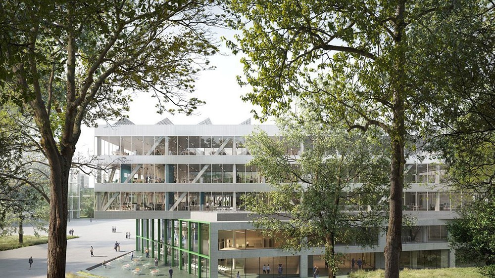 tekening van gebouw van de VRT