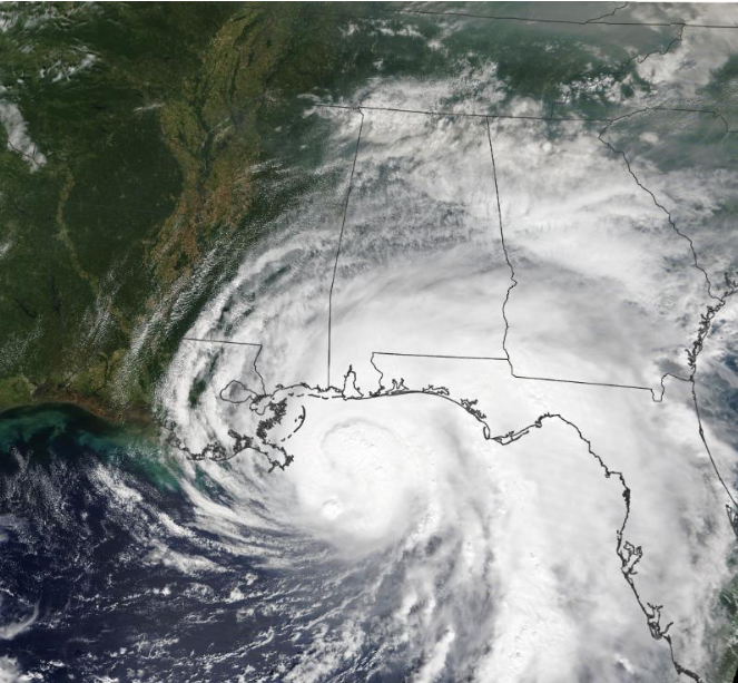 Orkaan Sally boven de staten Florida en Alabama